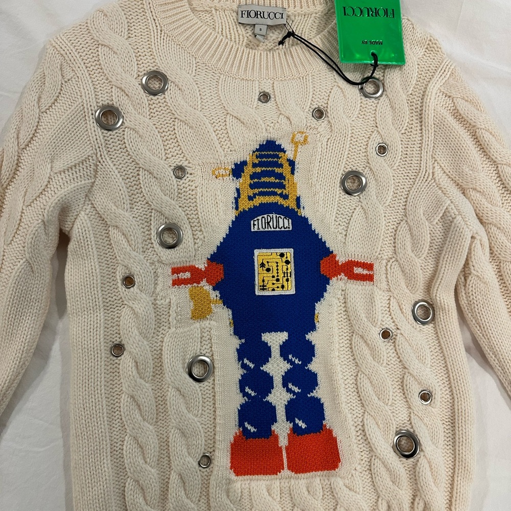 Fiorucci NWT Cream Sweater with Robot Design - SMALL